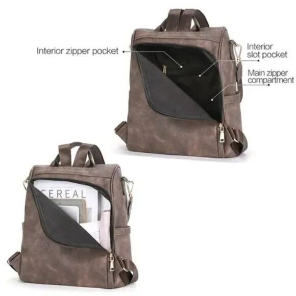 NEW Backpack PU Leather Brown Coffee - Picture 4 of 7